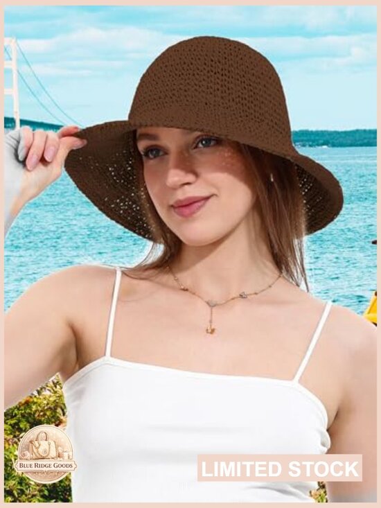 Wide Brim Straw Sun Hat Hand Woven Foldable Beach Bucket Hat UPF 50+ main image 5